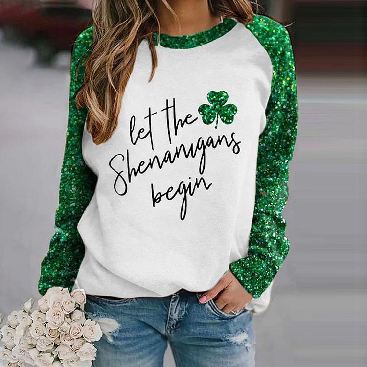 BrosWear Let The Shenanigans Begin Glitter Shamrock Print Casual Sweatshirt
