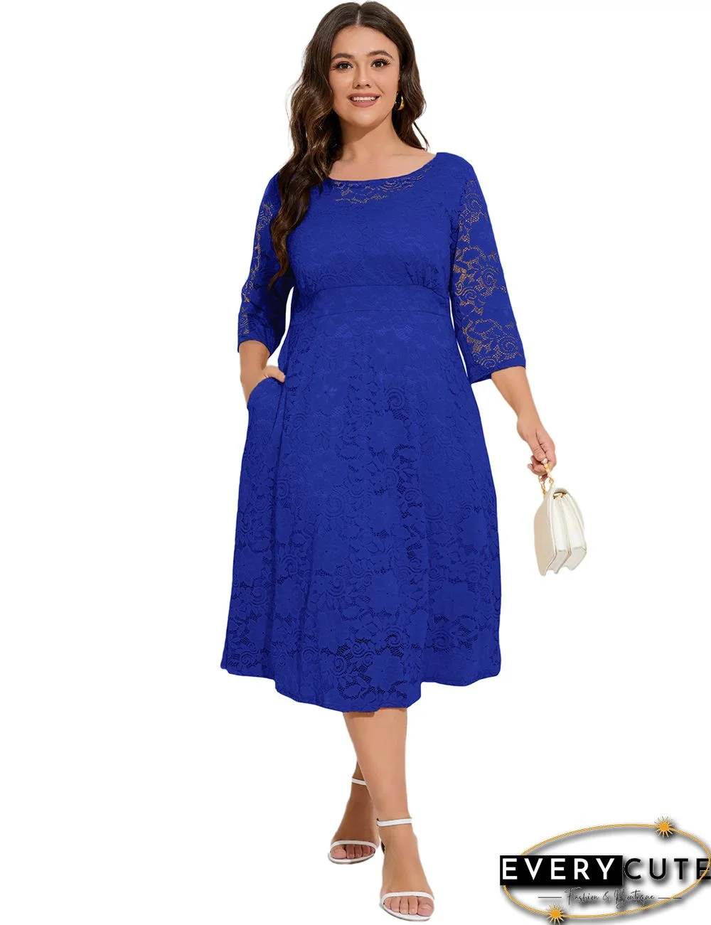 Blue Hollow-out Pocketed Lace Plus Size Dress