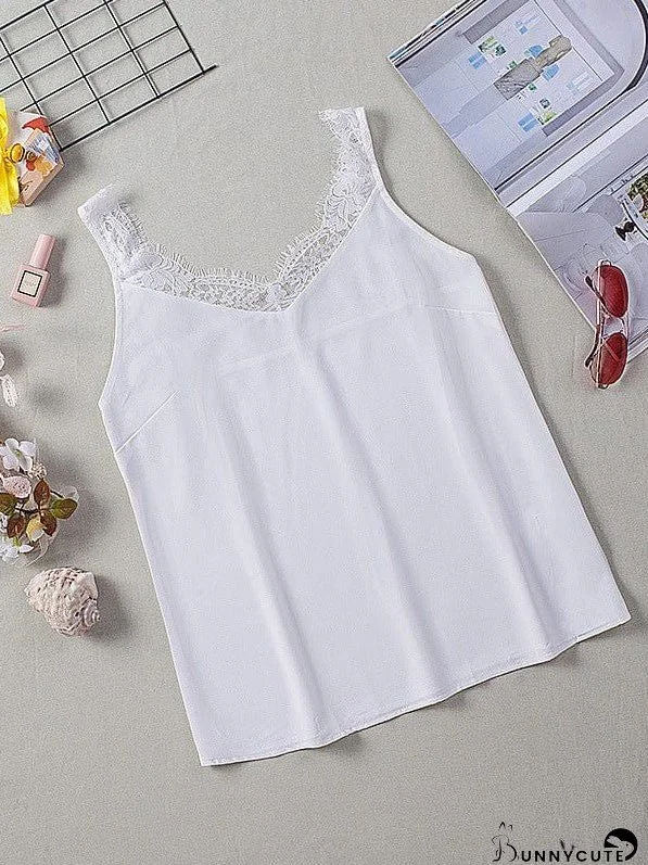 Women'S Sleeveless Lace Top With Wrinkle Detail - Ice Silk Vest In Solid Color