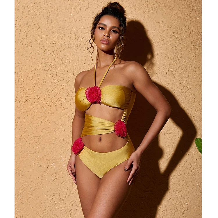 3D Flower Color Block Cut Out Halter One Piece Swimsuit and Skirt 