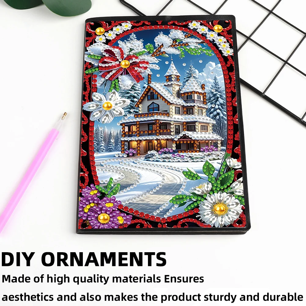 Christmas House A5 Size Diamond Painting Notebook Set with 4Pcs Bookmark Gift