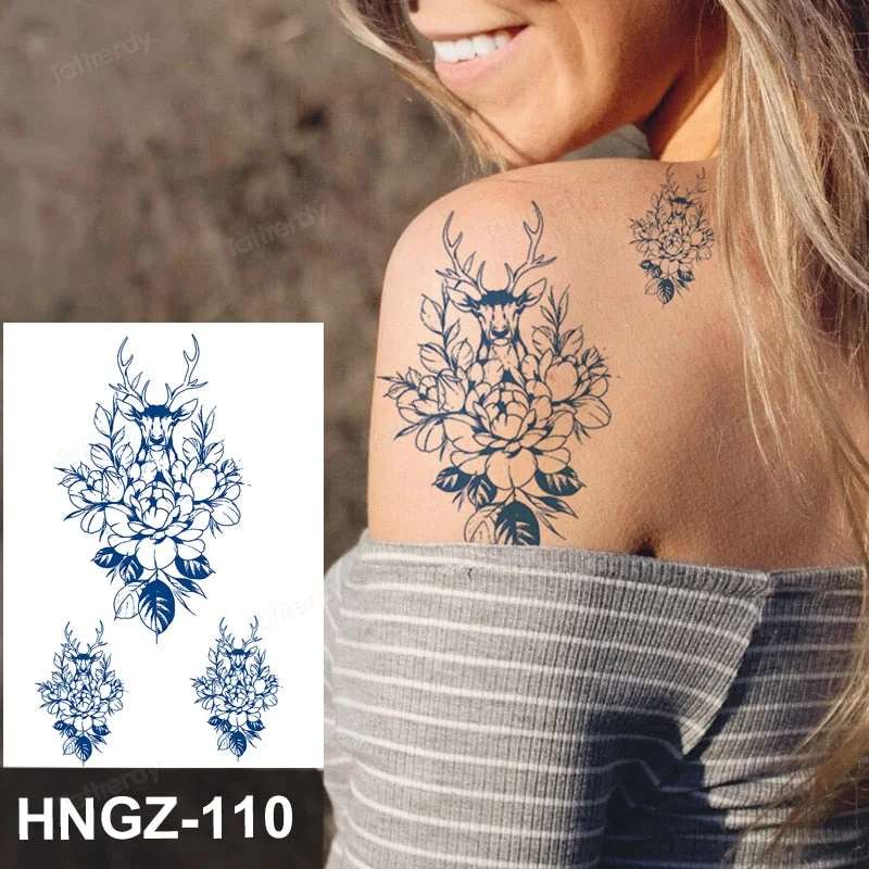 Juice Ink Tattoo Flower Rose Leaf Waterproof Temporary Bird Snake Sexy Body Arm Leg Henna Tattoo Fashion Big Fake Sleeve Sticker