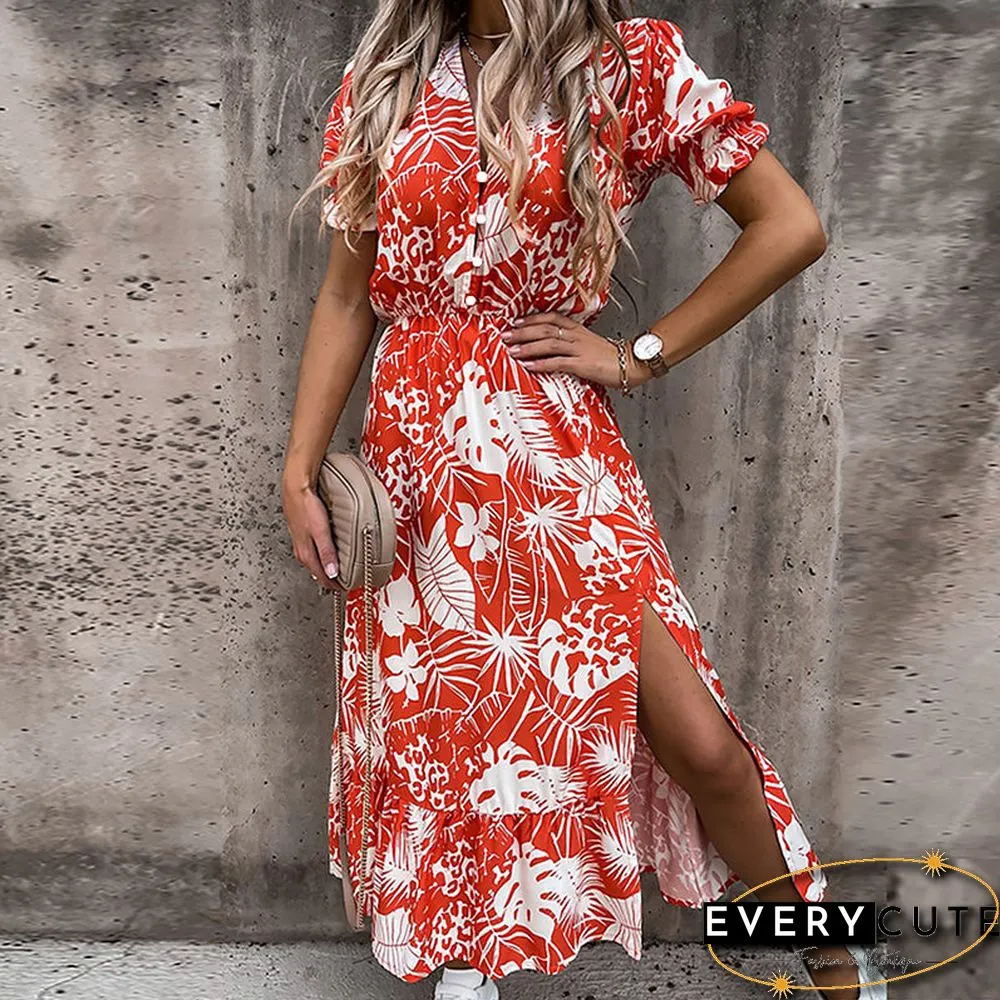 V Neck Side Split Short Sleeve Maxi Dress
