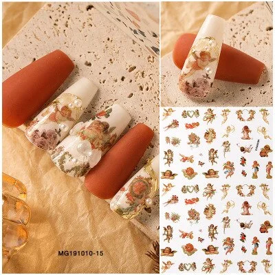 1 Sheet 3D Angel Design Nail Stickers Elegant Cupid Flower Nail Art Decoration DIY Back Adhesive Decal Ornament Stickers