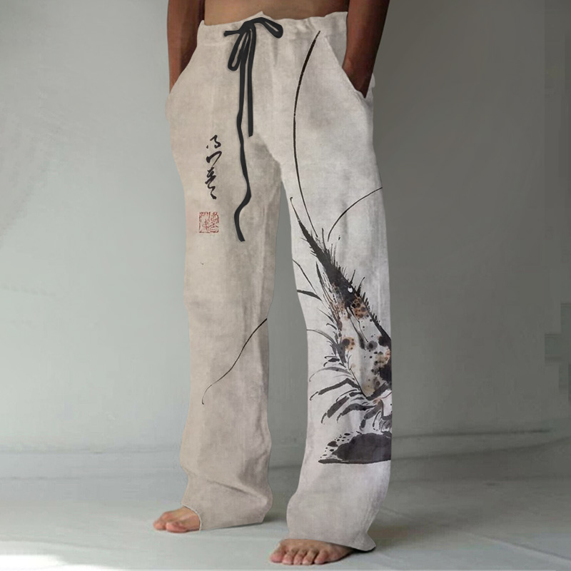 wearshes Ink Painting Shrimp Print Casual Linen Blend Pants
