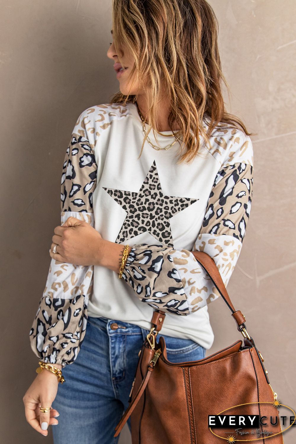 Star Leopard Color Block Long Sleeve Top
