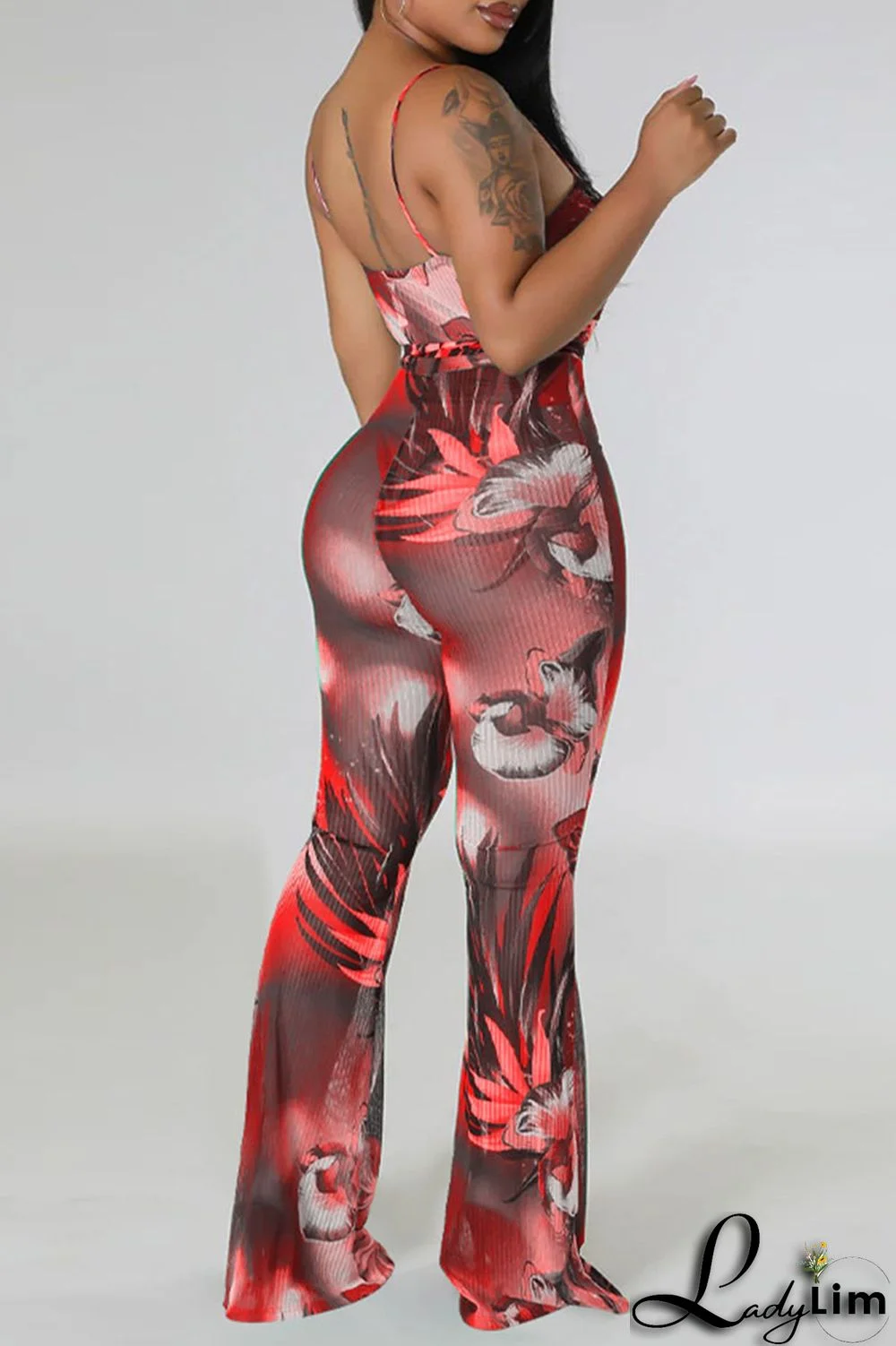 Red Sexy Print Bandage Patchwork Spaghetti Strap Regular Jumpsuits