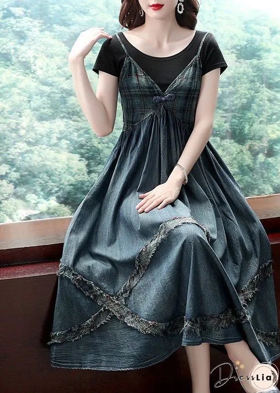 Women Blue Cinched V Neck Patchwork Spaghetti Strap Cotton Denim Dresses Spring