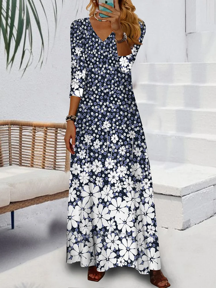 Women Casual Floral Autumn Natural Daily Loose Jersey Long Pullover Dresses