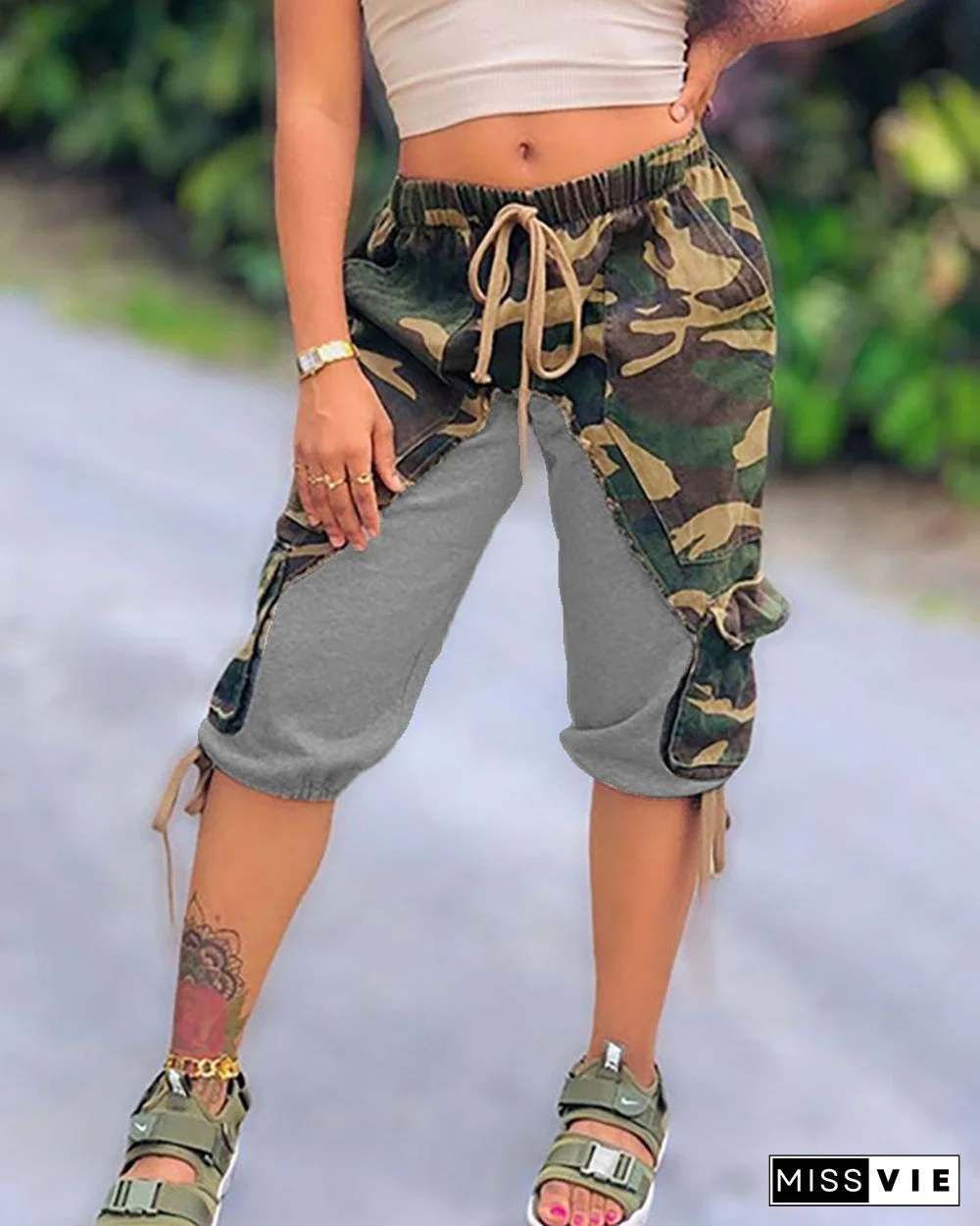 Camouflage Print High Waist Drawstring