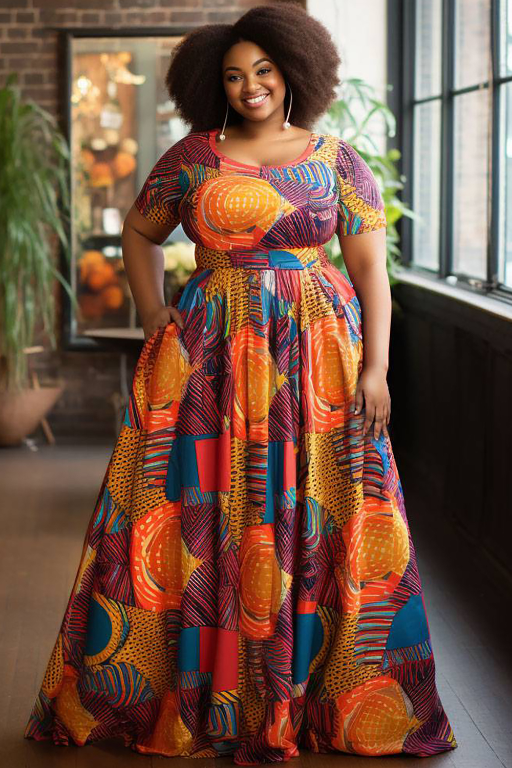 Design Plus Size Daily Maxi Dresses Casual Multicolor Ankara Spring Summer Round Neck Short Sleeve Pocket Knitted Maxi Dresses [Pre-Order]