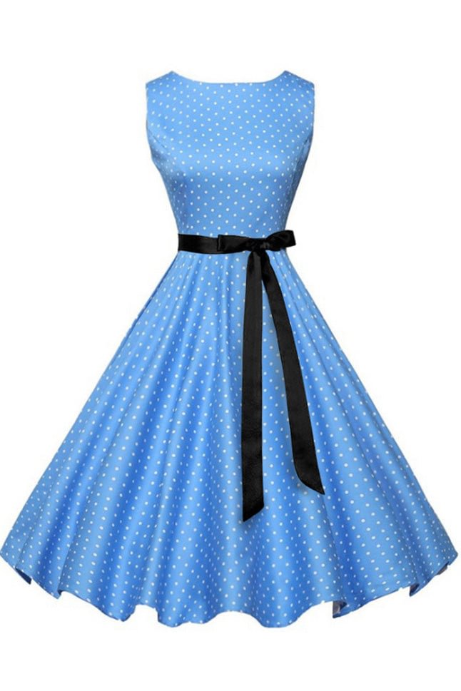 Blue Polka Knot Sleeveless Belted Dress - BlackFridayBuys