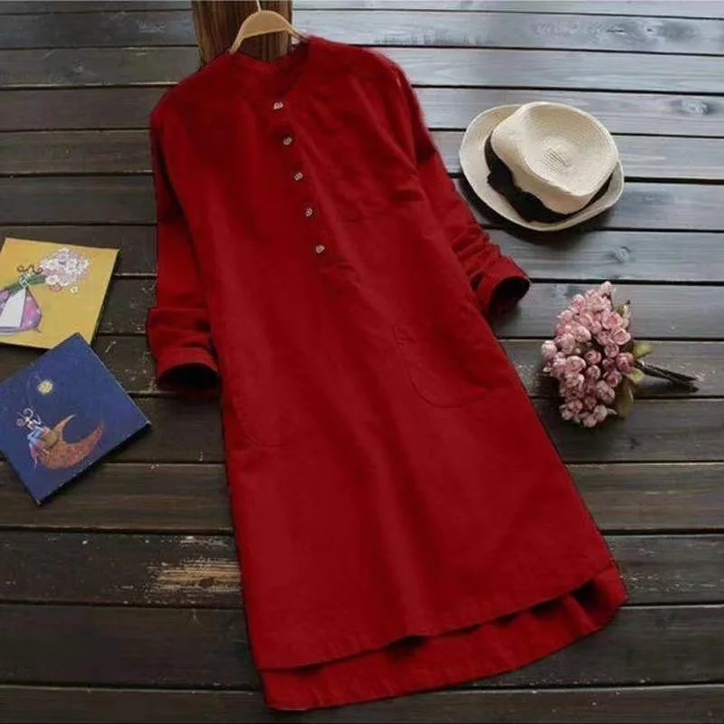 Vintage Solid Button Comfy Long Sleeve Midi Dress