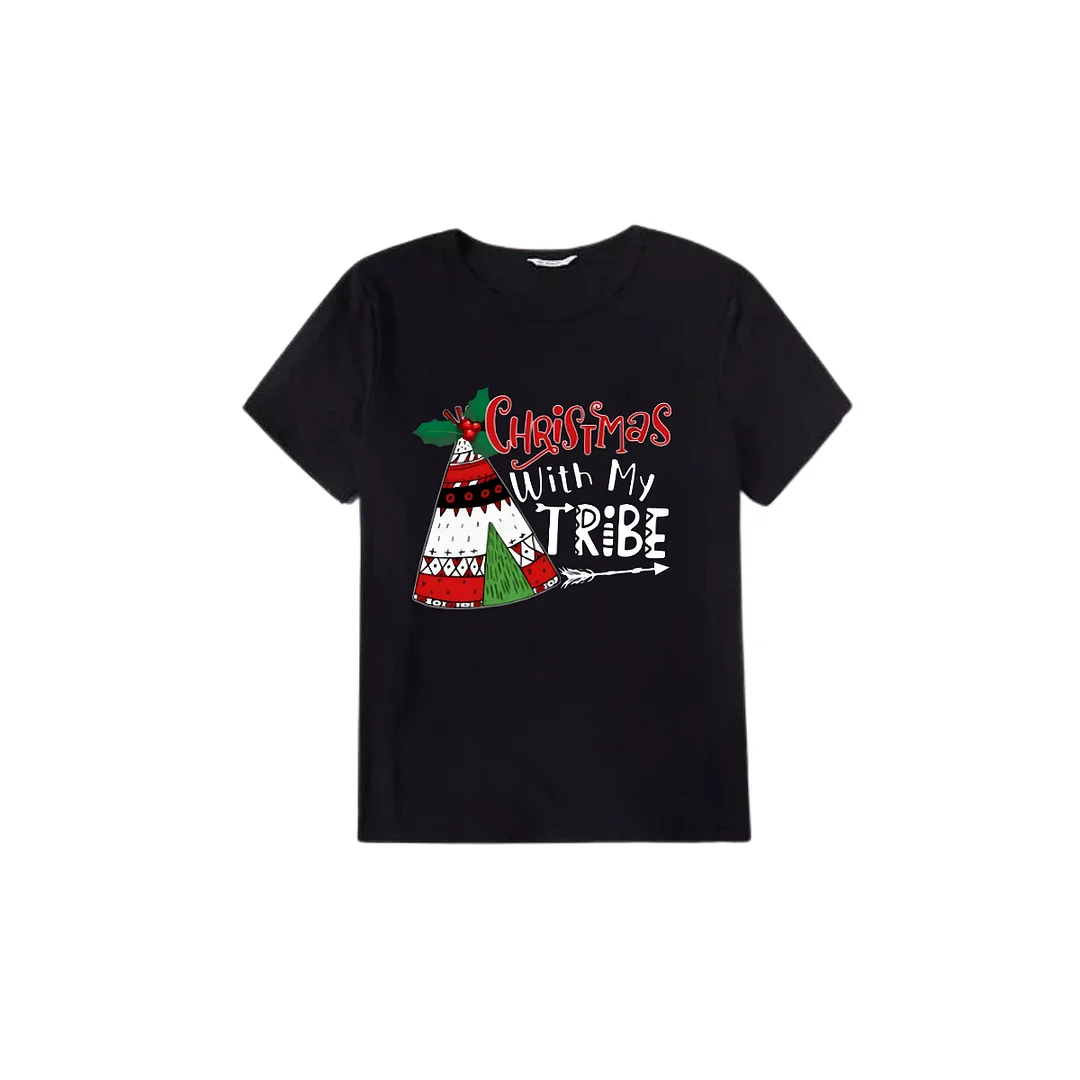 "Christmas With My Tribe" Pattern Ⅰ - Black Short Sleeve with Red & Black Plaid Pant Family Matching Pajamas