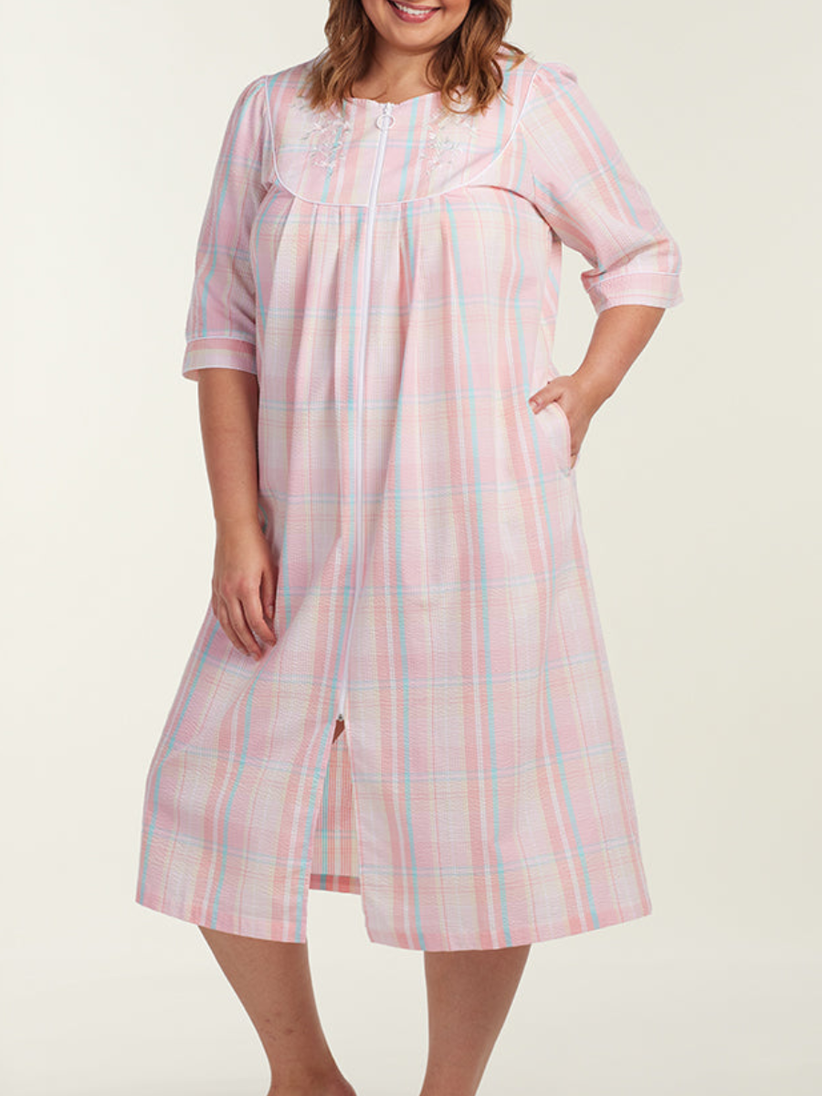 Pink Plaid Cotton Long Sleeve Robe