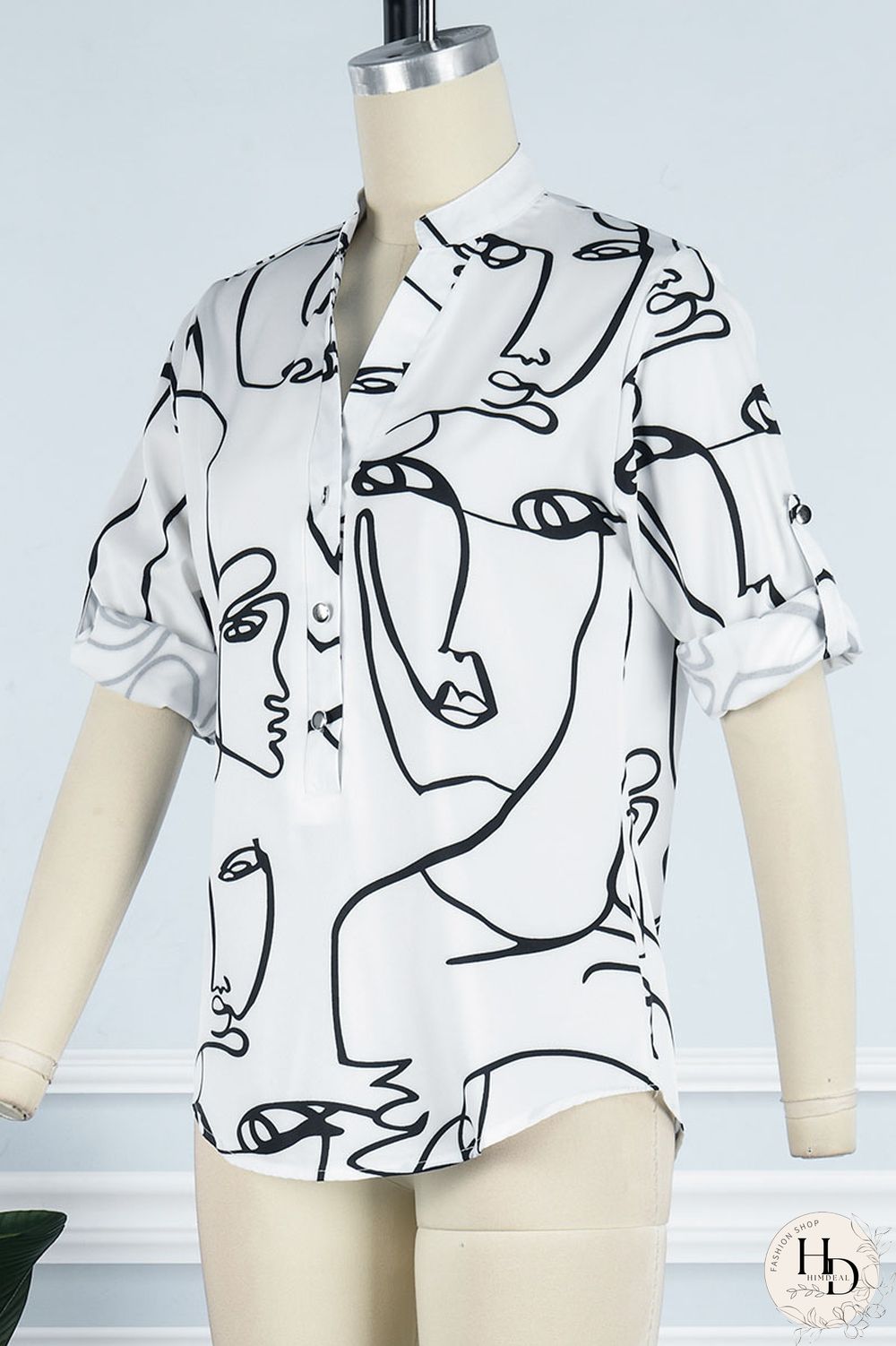 Colour Casual Street Print Patchwork Buckle Mandarin Collar Tops