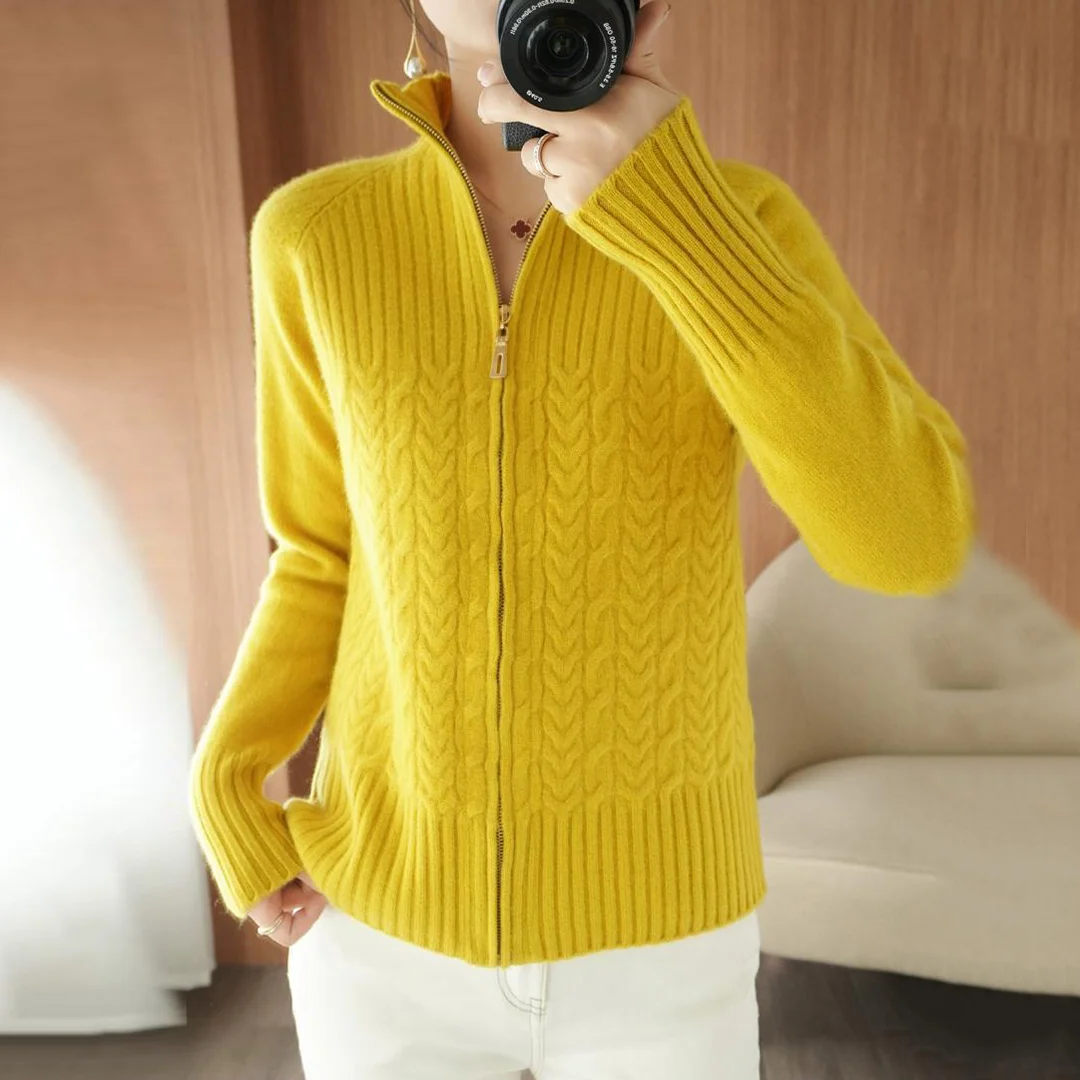Cable-Knit Apricot Plain Zip V Neck Sweater Cardigan