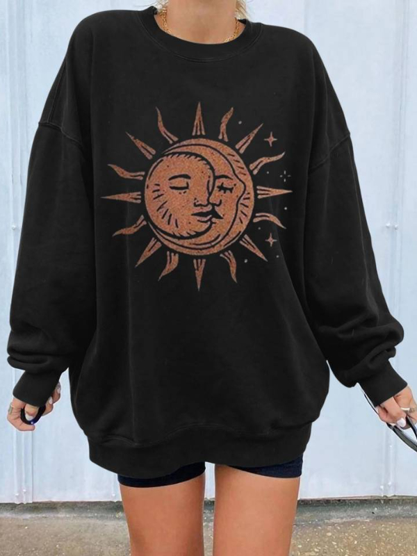 Casual Sun&Moon Crew Neck Long Sleeve Pullover
