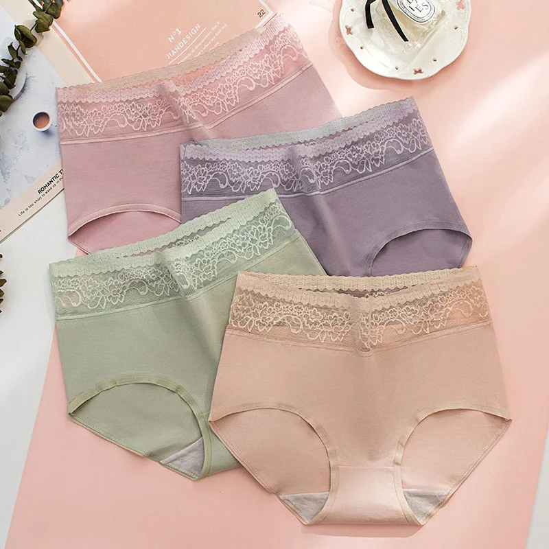 Women's Cotton Underwear Sexy Lace Panties High Waist Solid Color Underpants Seamless Women's Briefs Plus Size Female Lingerie
