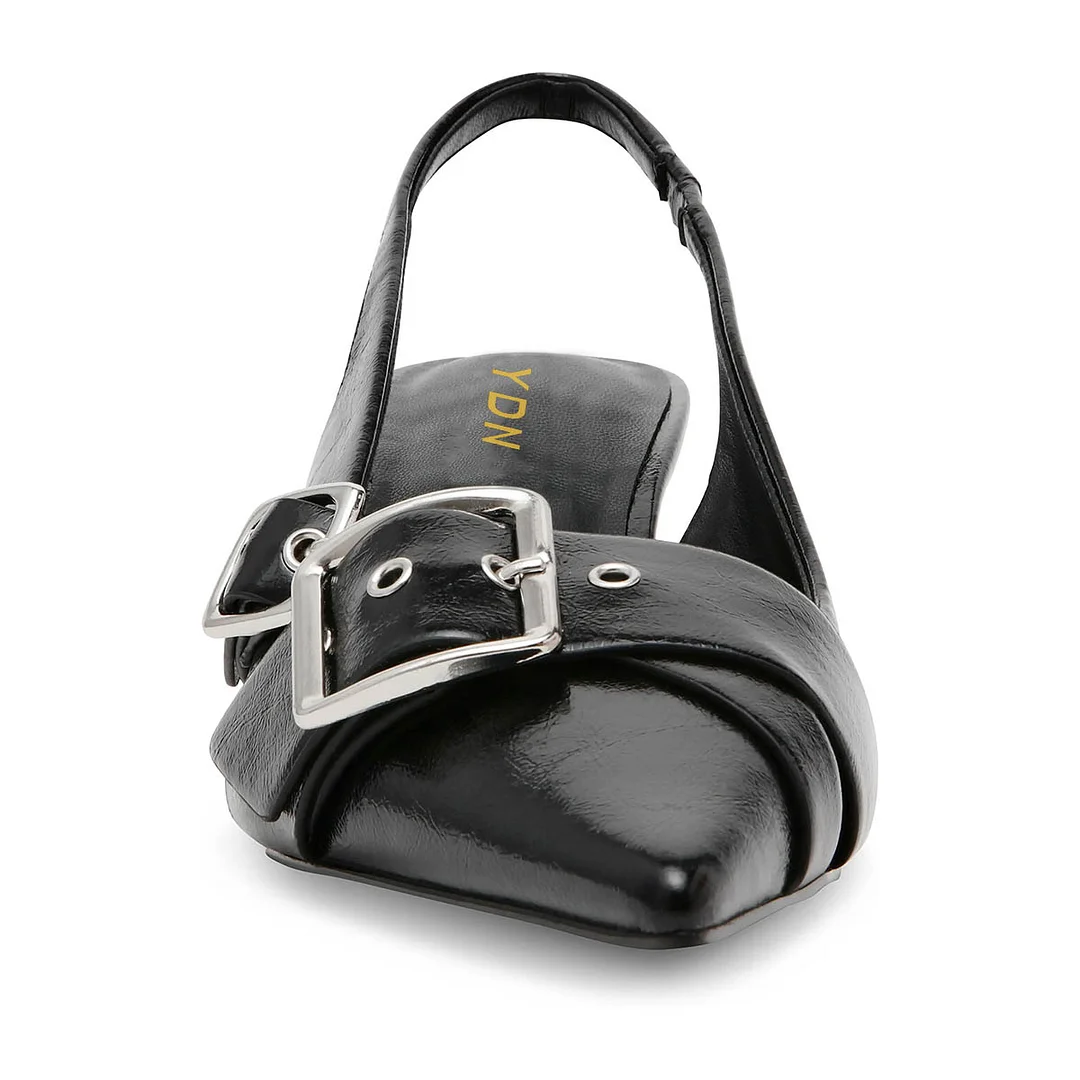 Buckle Strap Pointed Toe Kitten Heel Slingback Shoes in Black