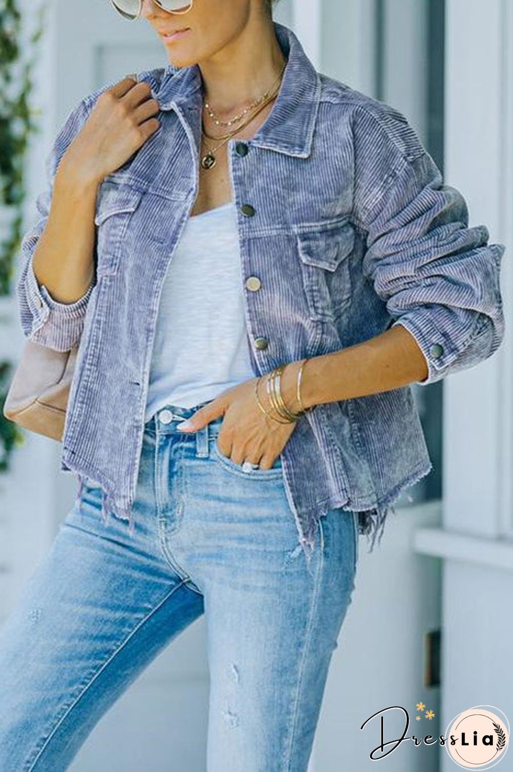 Frayed Hem Cropped Corduroy Jacket