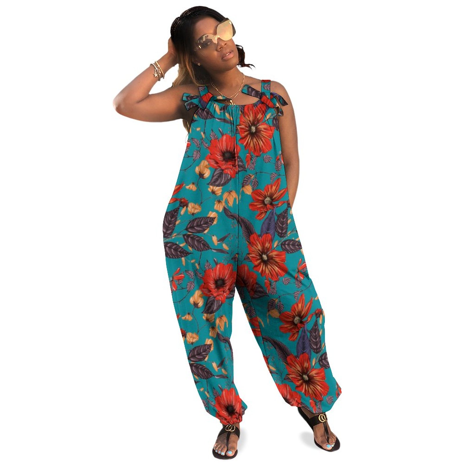 Rustic Red And Teal Floral Pattern Women Plus Size Jumpsuit Summer Loose Harem Pants Structured Jumpsuits For Formal Wedding Boho Casual Natural Waist Long Length