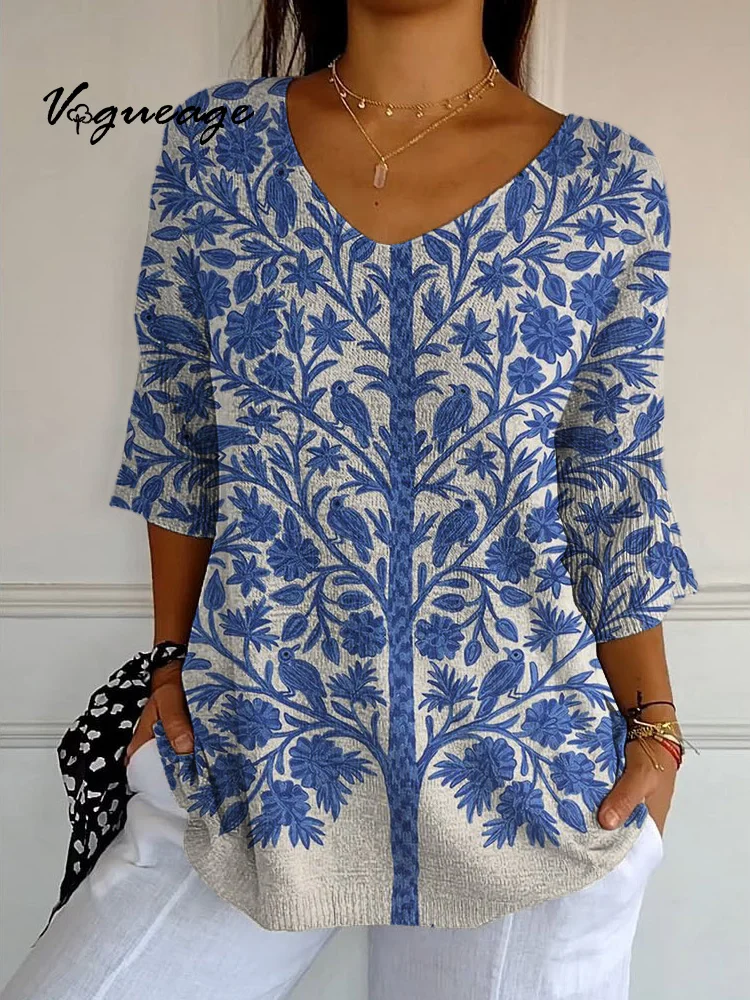 Simple And Stylish Plants And Birds Knitted Sweater