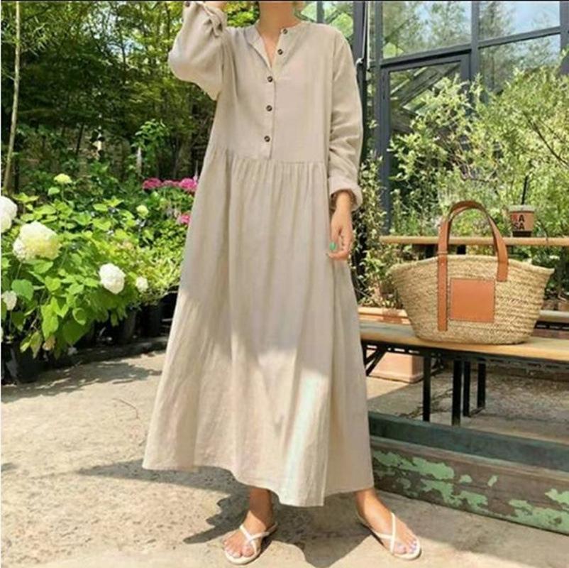 Fashion Loose Stand Collar Cotton Linen Solid Color Long Sleeve Maxi Dress