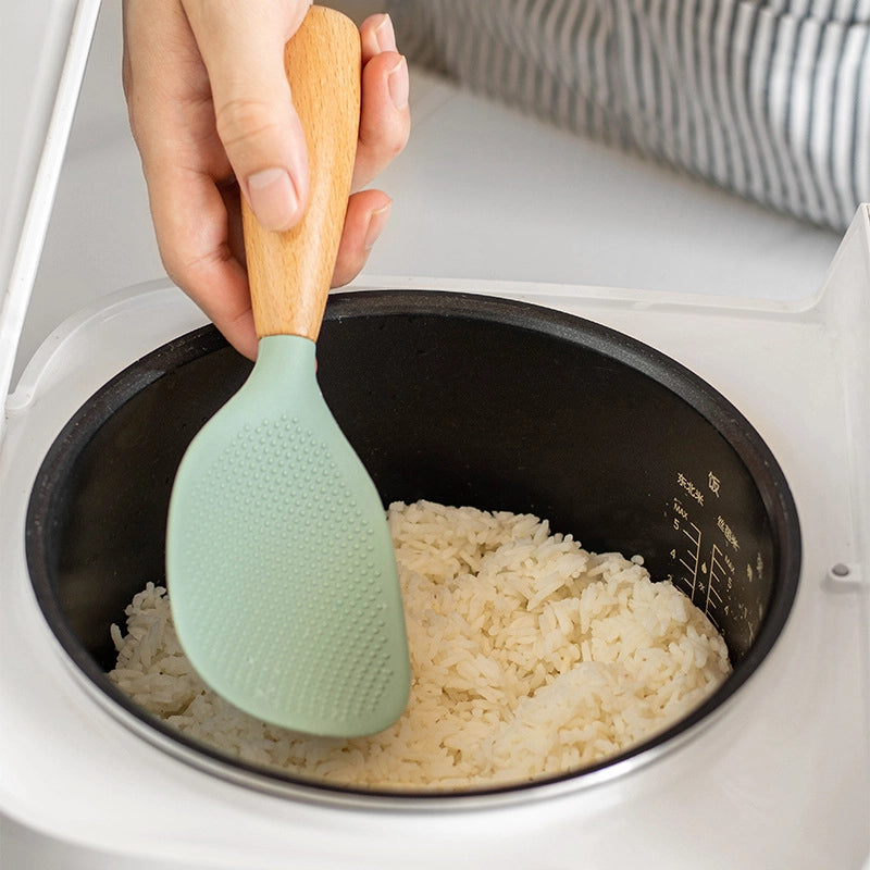 Non-slip Heat-resistant Wooden Handle Vertical Silicone Rice Spoon Rice Cooker Spoon Non-stick Rice Spoon