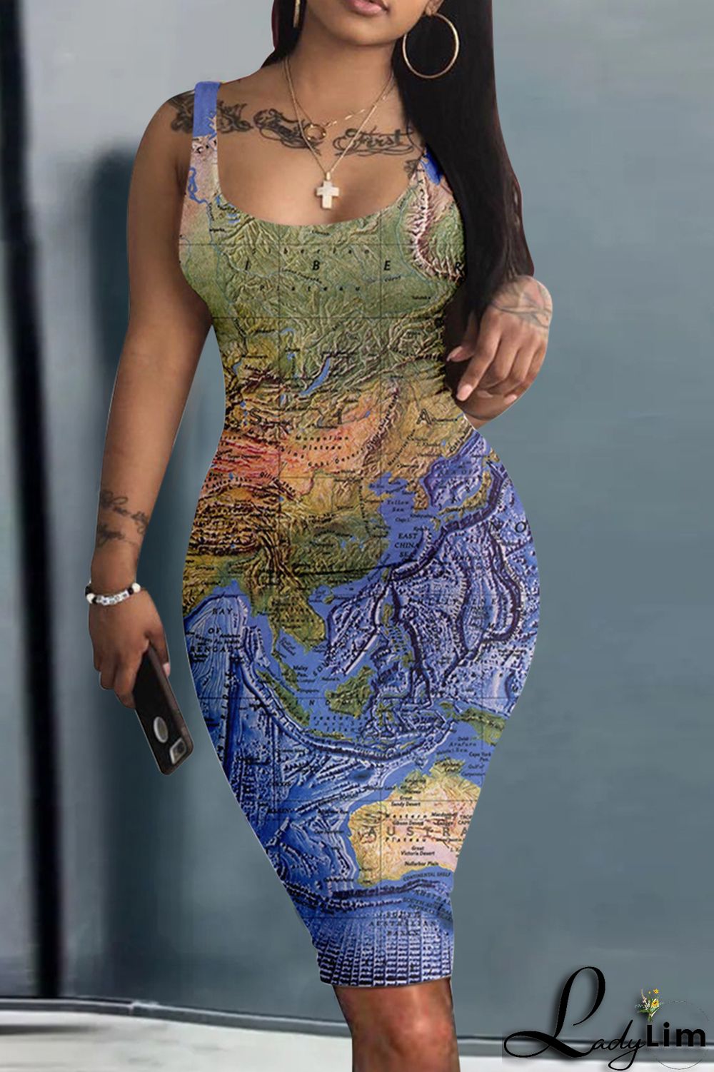 Navy Blue Fashion Sexy Print Basic U Neck Vest Dress