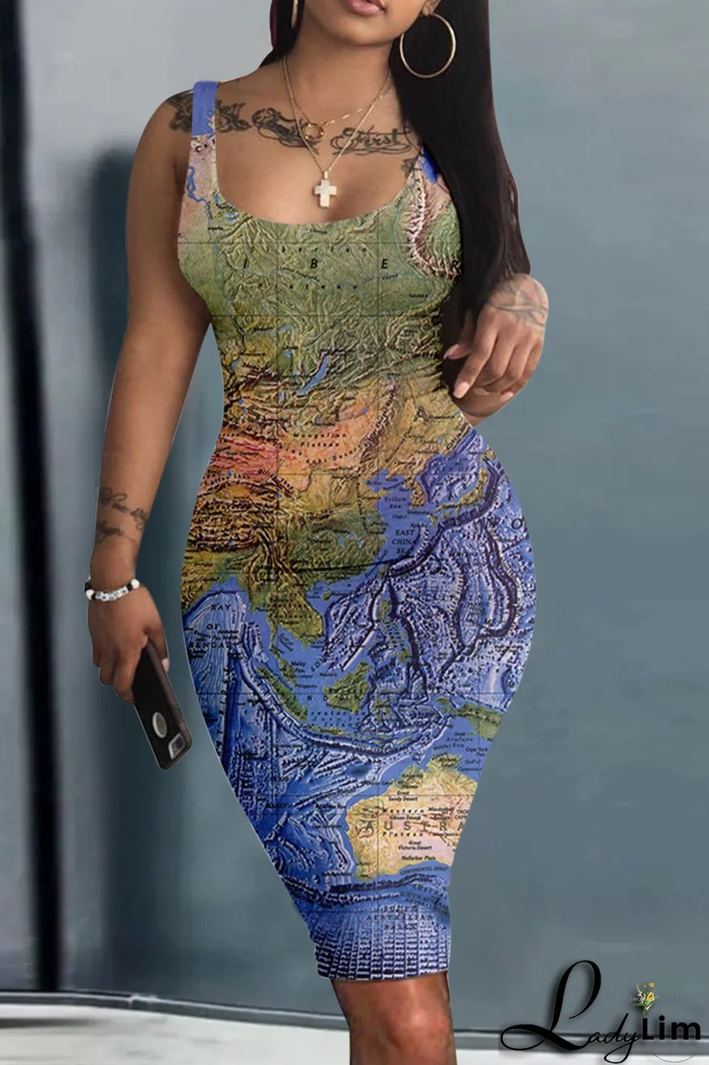 Navy Blue Fashion Sexy Print Basic U Neck Vest Dress