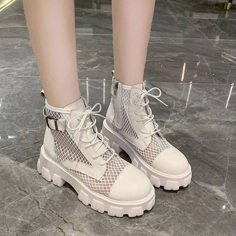 Classic Women Thick Bottom Black Mesh Summer Boots Round Toe Zipper Lace Up Platform Shoes Woman High Heels Ankle Botas