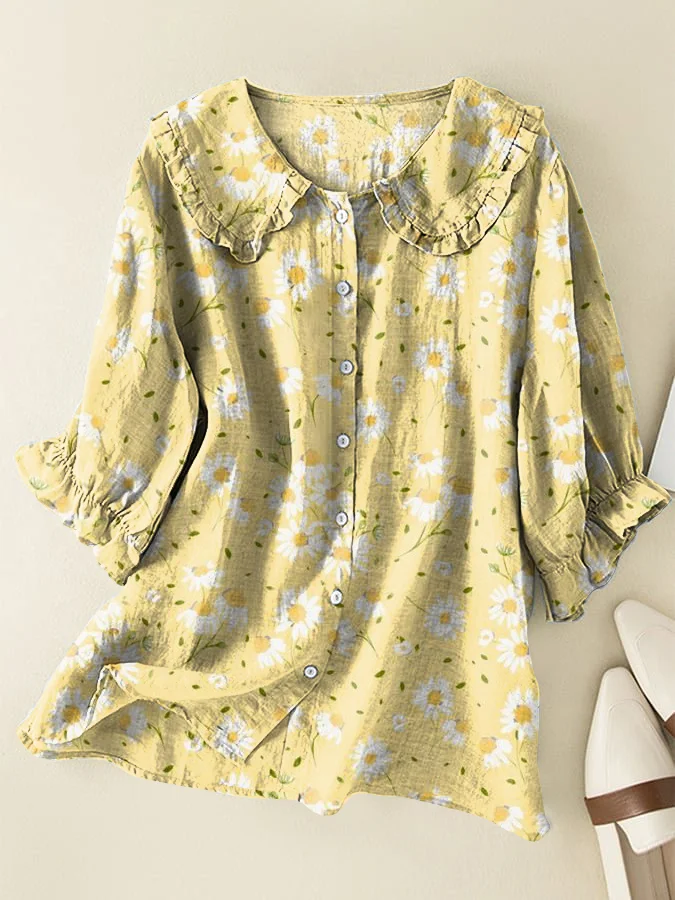 Vintage Wild Chrysanthemum Cotton and Linen Peter Pan Ruffle Collar Shirt