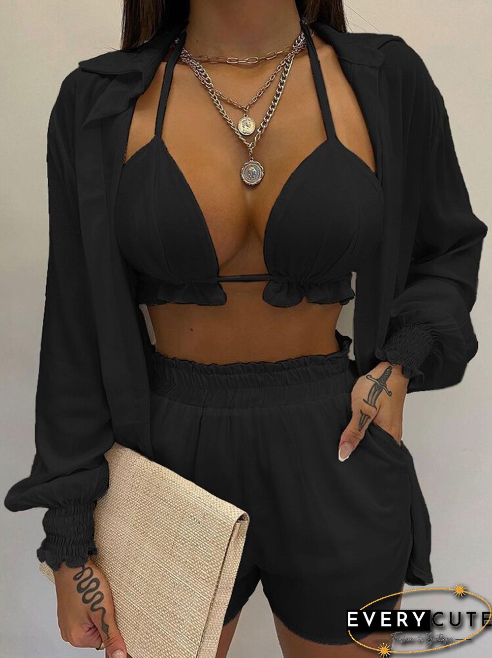 Retro Elegant Print V-Neck Bra Long Sleeve Shirts tops shorts suits beach women casual
