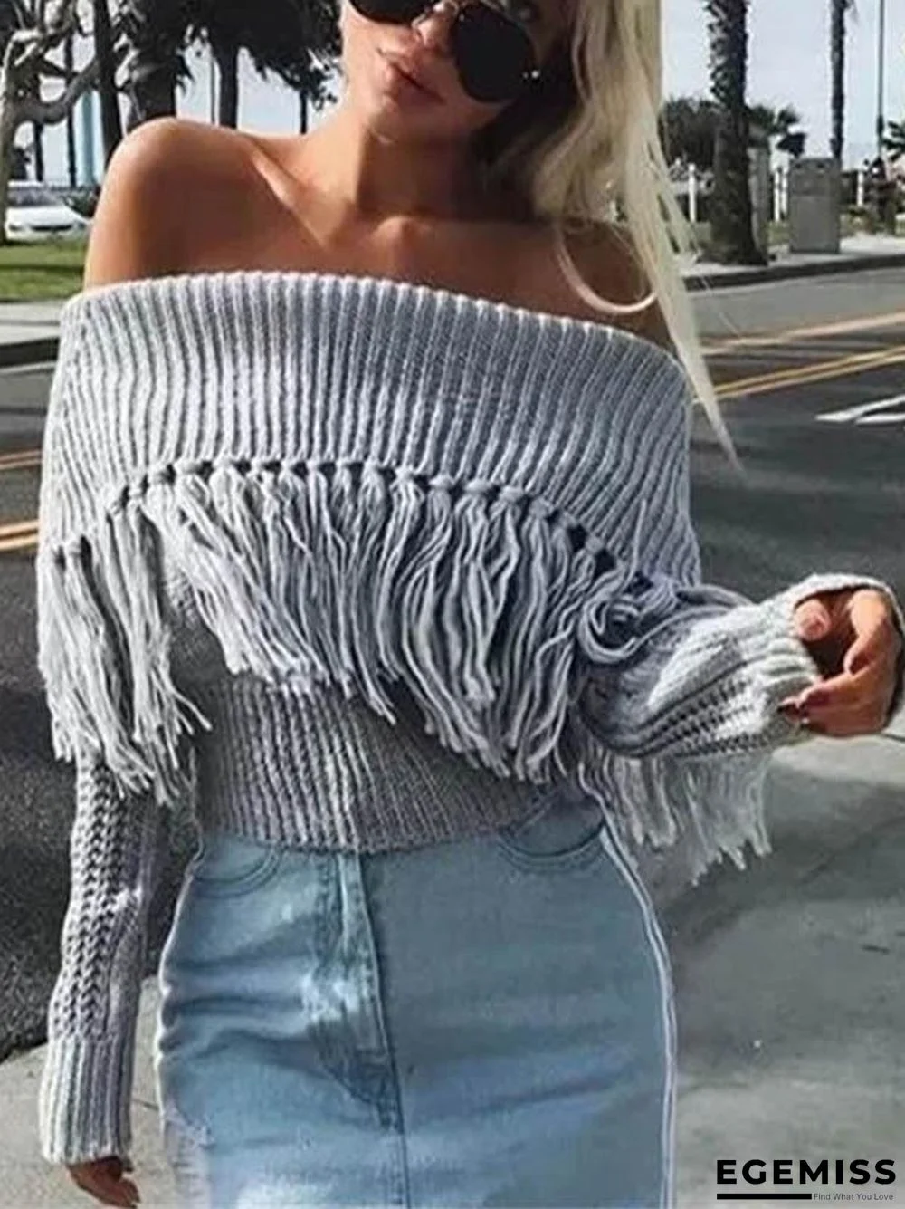 Fashion Tasseled Off-the-shoulder Long Sleeve Sweater Tops | EGEMISS