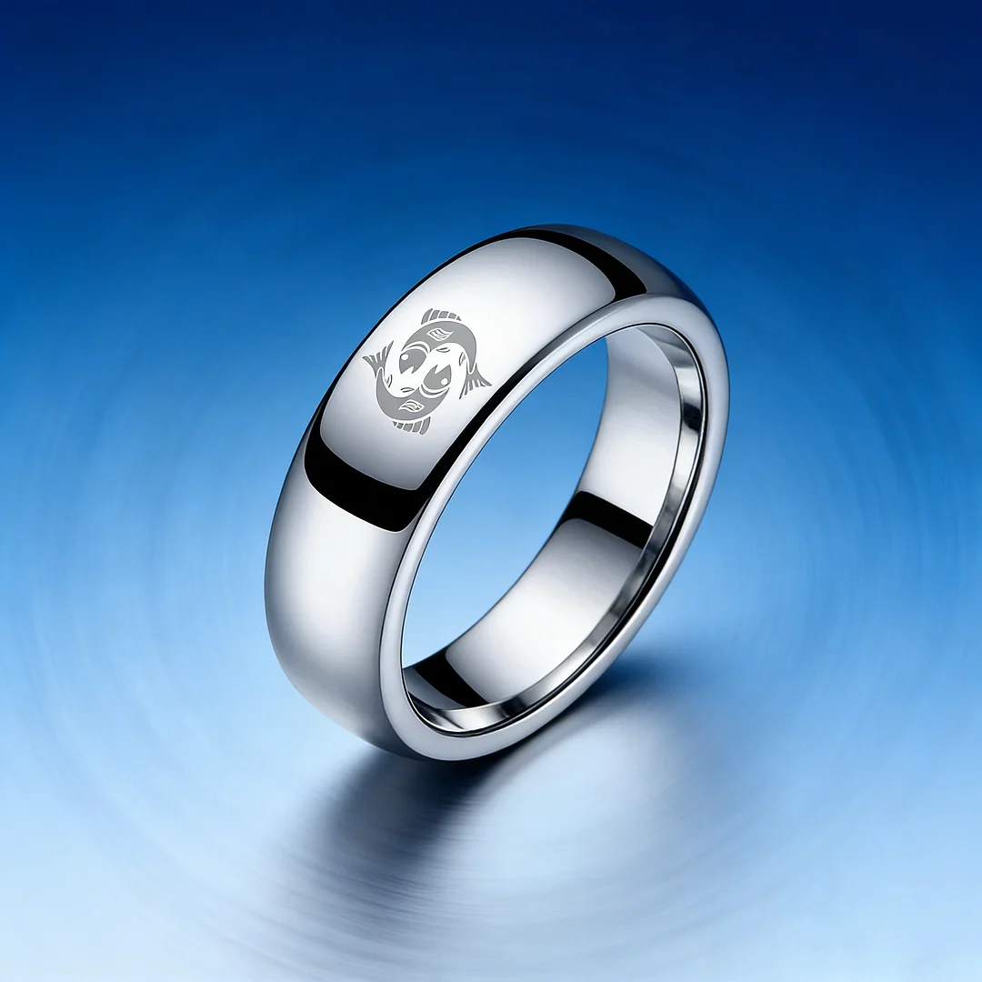 4MM 6MM 8MM Sliver Pisces Tungsten Carbide Rings Prints Laser Design Domed Top Tungsten Wedding Bands 