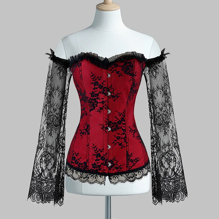 Vintage Off Shoulder See-Through Long Sleeve Corset Lace Blouse