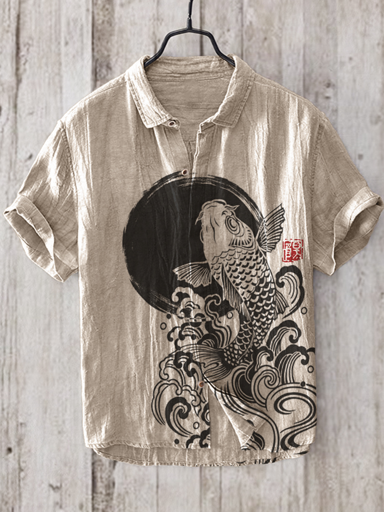 menweary Carp Fish Sea Waves Sunrise Japanese Linen Blend Shirt