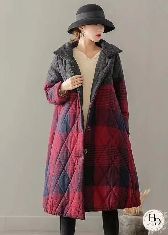 Vintage Red Pockets Plaid Patchwork Fine Cotton Filled Coats Winter