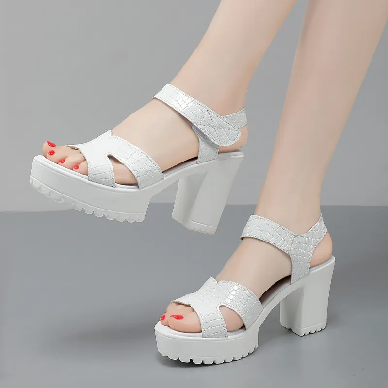 Breakj Breakj Leather High Heel Waterproof Sandals Women Fashion Crocodile Pattern Walking Shoes Summer Coarse Heel Magic Sticky H Women's Shoes