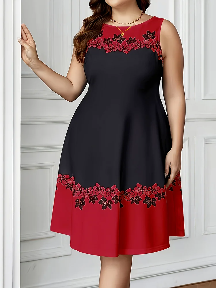 Women's Plus Size Elegant Sleeveless Floral Print Dress - Black With Yellow Accents, Round Neck, Stretchy Polyester Fabric, Perfect For Spring/Summer Casual Wear, Casual Summer Wear | Floral Print Dress | Elegant Design, Floral Print Dress