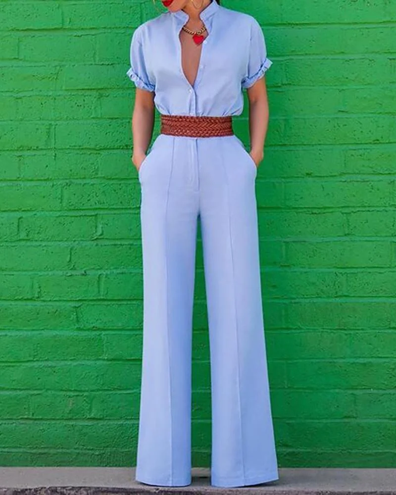 V-Neck Short Sleeve Solid Color Jumpsuit
