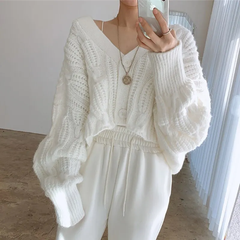 Syiwidii Vintage Criss-Cross Cardigan Woman Sweaters Fall Winter 2021 Raglan Sleeve V Neck Button Up Jackets Knitted Short Coats