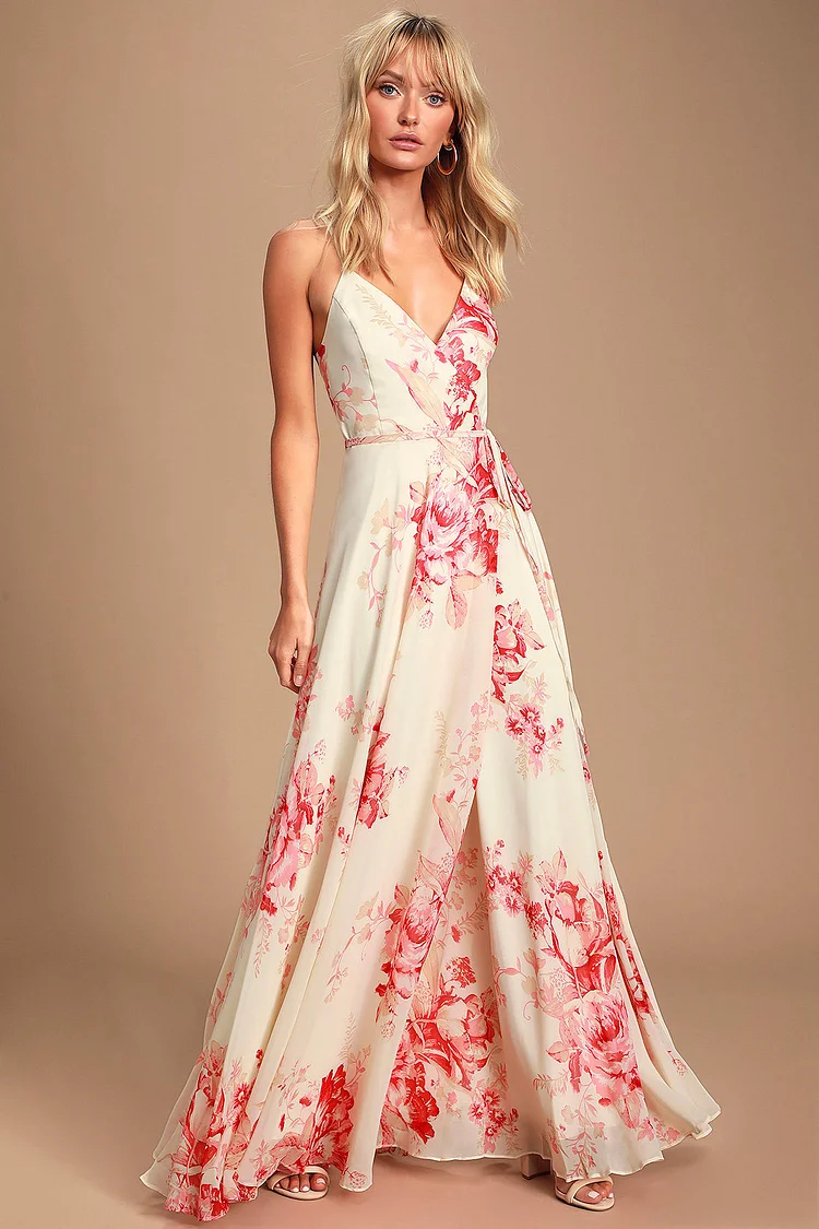 Women's Garden Party Dress Elegantly Inclined Cream Floral Print Wrap Maxi Dress