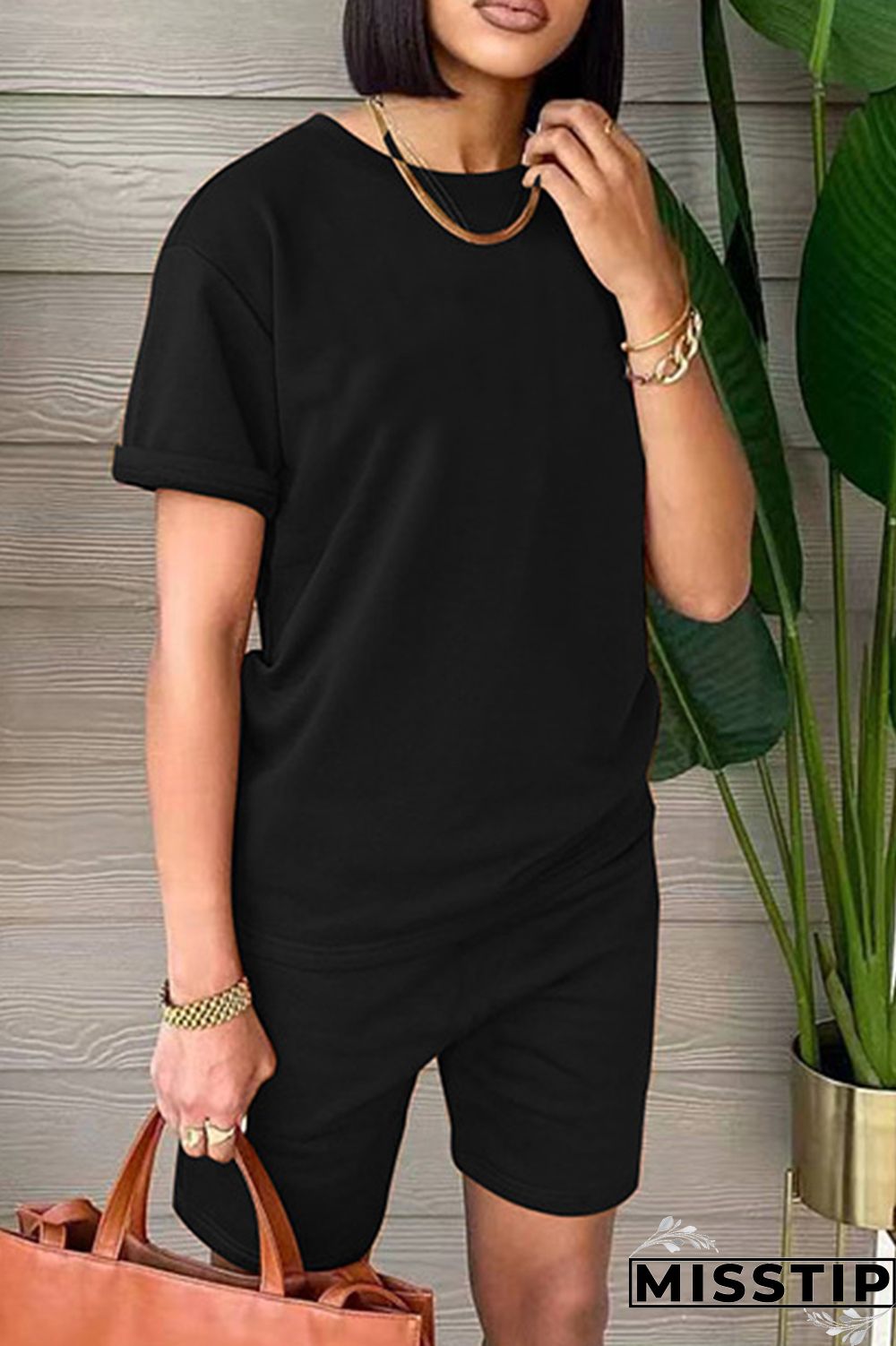 Black Fashion Casual Solid Basic O Neck Short Sleeve Two Pieces