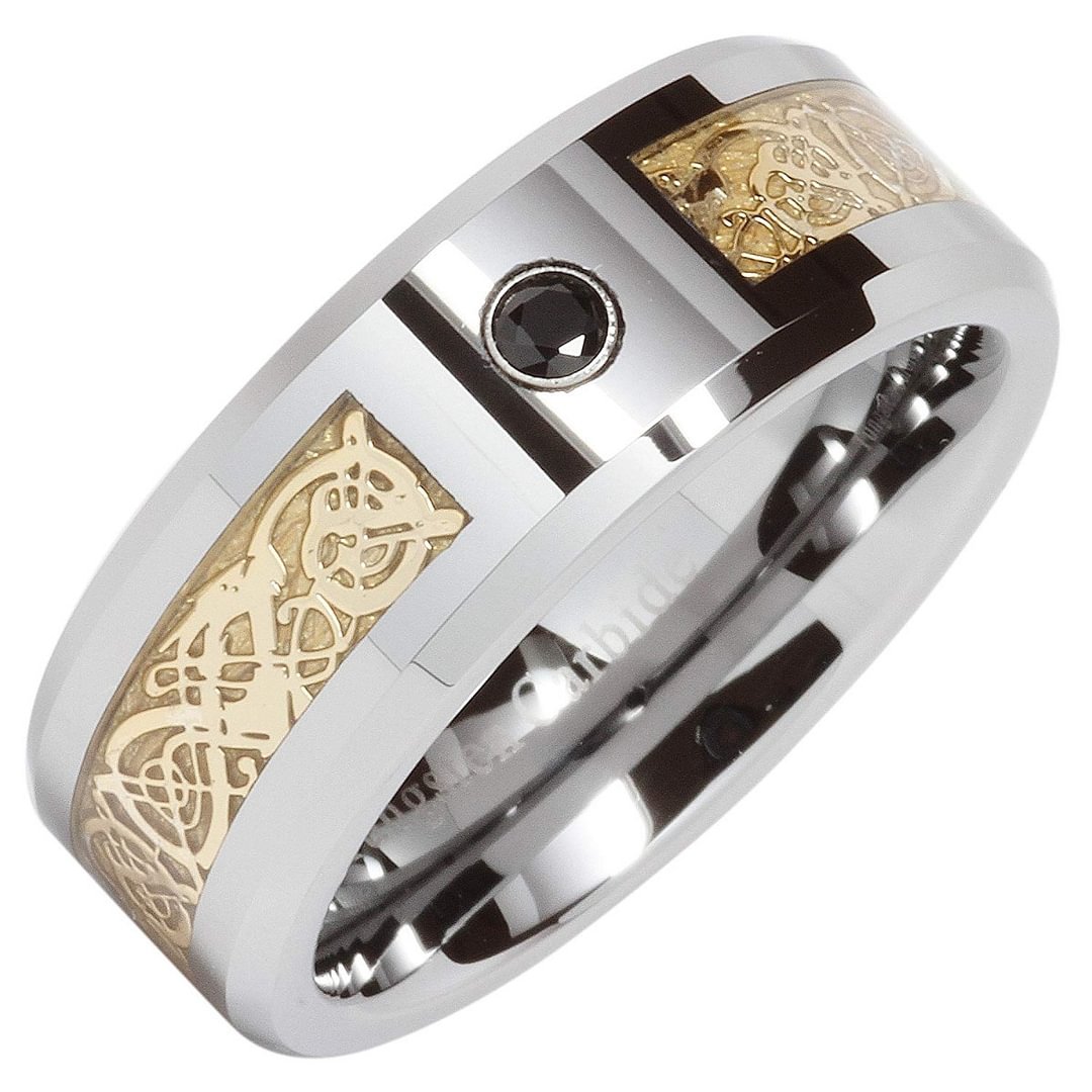 Men Women Tungsten Wedding Band Matching Ring Gold Celtic Dragon Knot Black Cz Inlaid for Couple Mens Womens Rings For 4MM 6MM 8MM 10MM