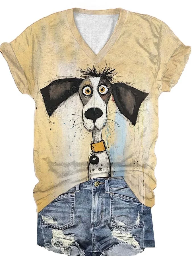 Women's Fun Dog Print V-Neck T-Shirt