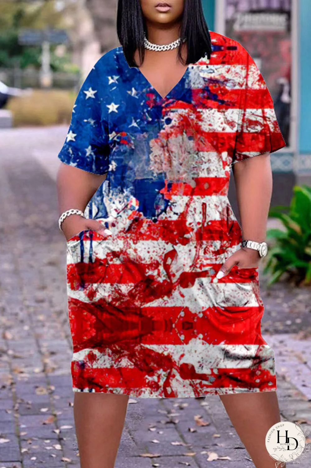 White Blue Red Casual Print Patchwork V Neck Dresses