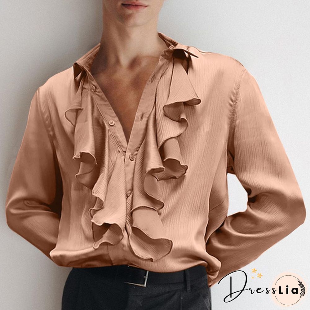 Fashion Men Long Sleeve Silky Shirts Bow Flounce Dance Loose Blouse Tee Tops