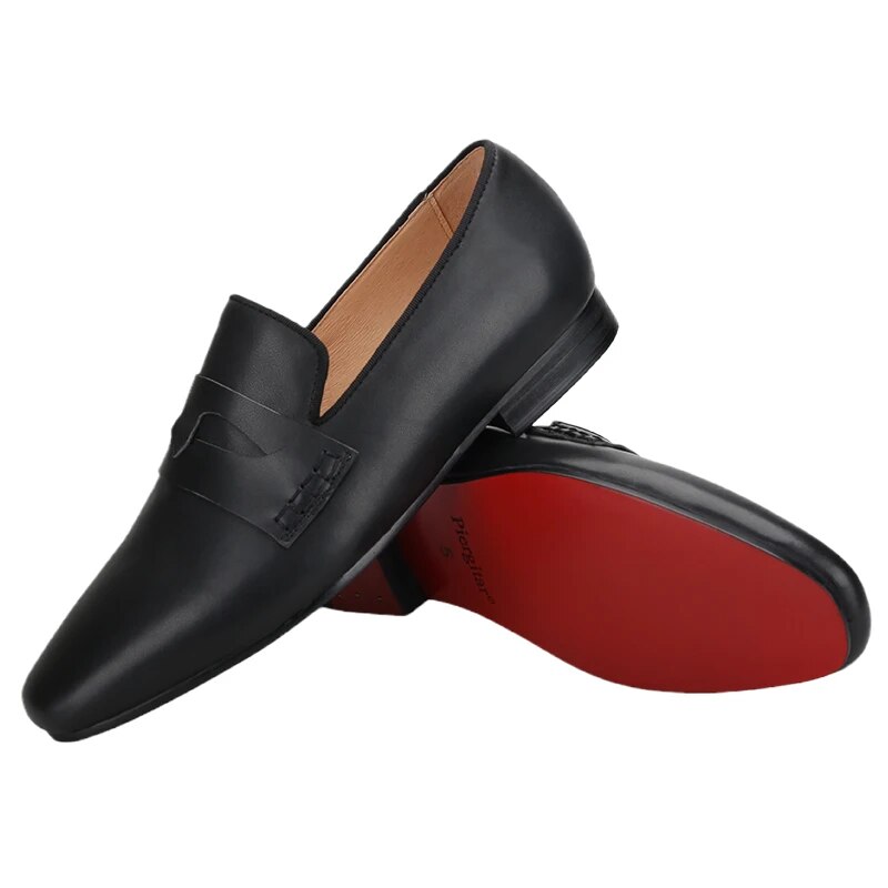 VCSHOES Style Black Patent Leather Men's Loafers Threading Mask Strap Men Smoking Slippers Red Bottom Shoe